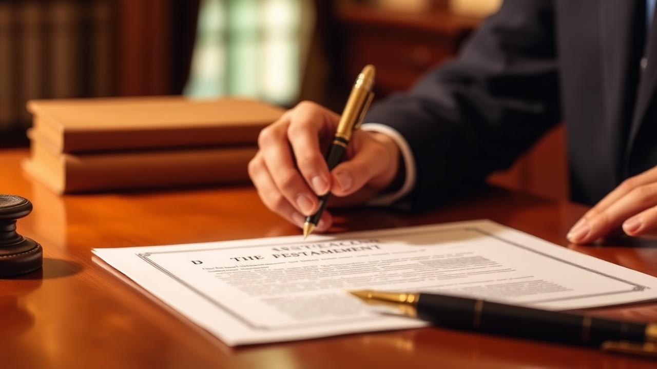 Pluma firmando un documento de testamento ante notario